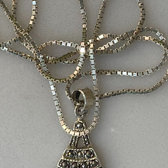 Vtg. Solid 925 Marcasite Pendant w Natural Ruby on a Solid Sterling Box Chain - Picture 12 of 16